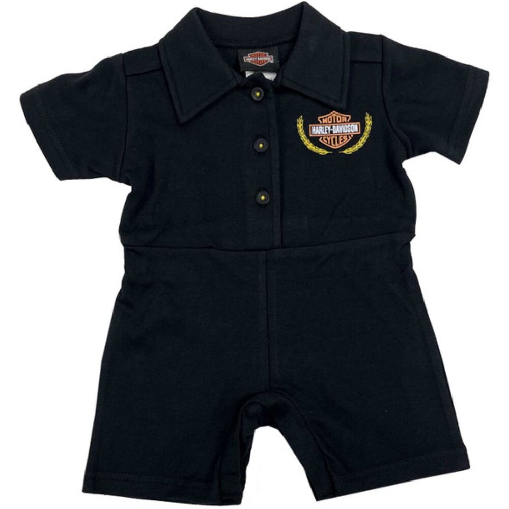 Harley-Davidson Baby Girls' Racing Rose Knit Button Collar Romper Black